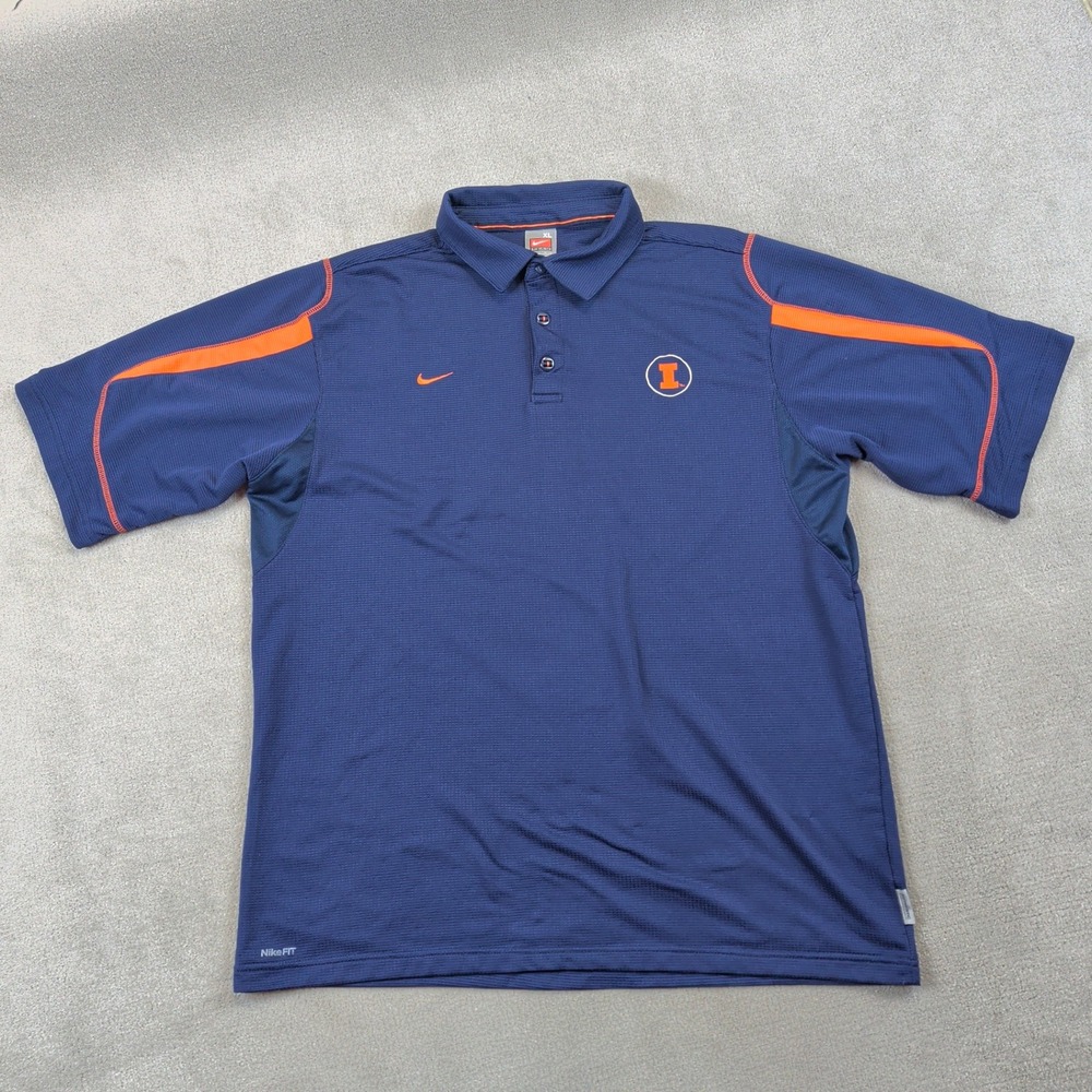 Nike Illinois Fighting Illini Polo Shirt Mens XL Navy Blue Orange Fit Dry NCAA